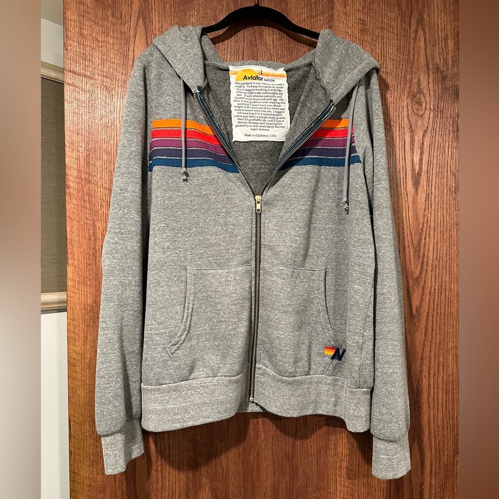 Aviator Nation Gray Hoodie with Rainbow Chest Stripes